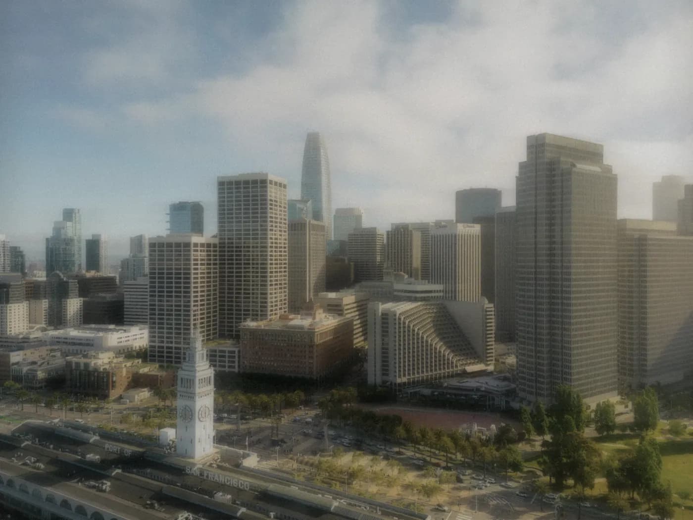 The Embarcadero and Ferry Building in soft San Francisco fog