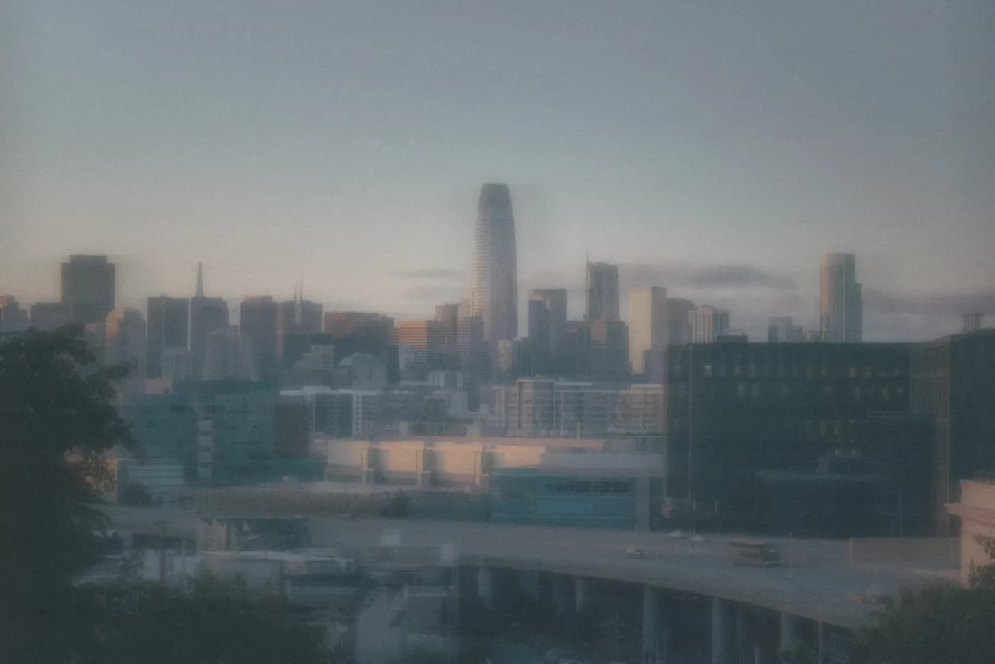 The San Francisco skyline at dusk, Salesforce Tower glowing at the center